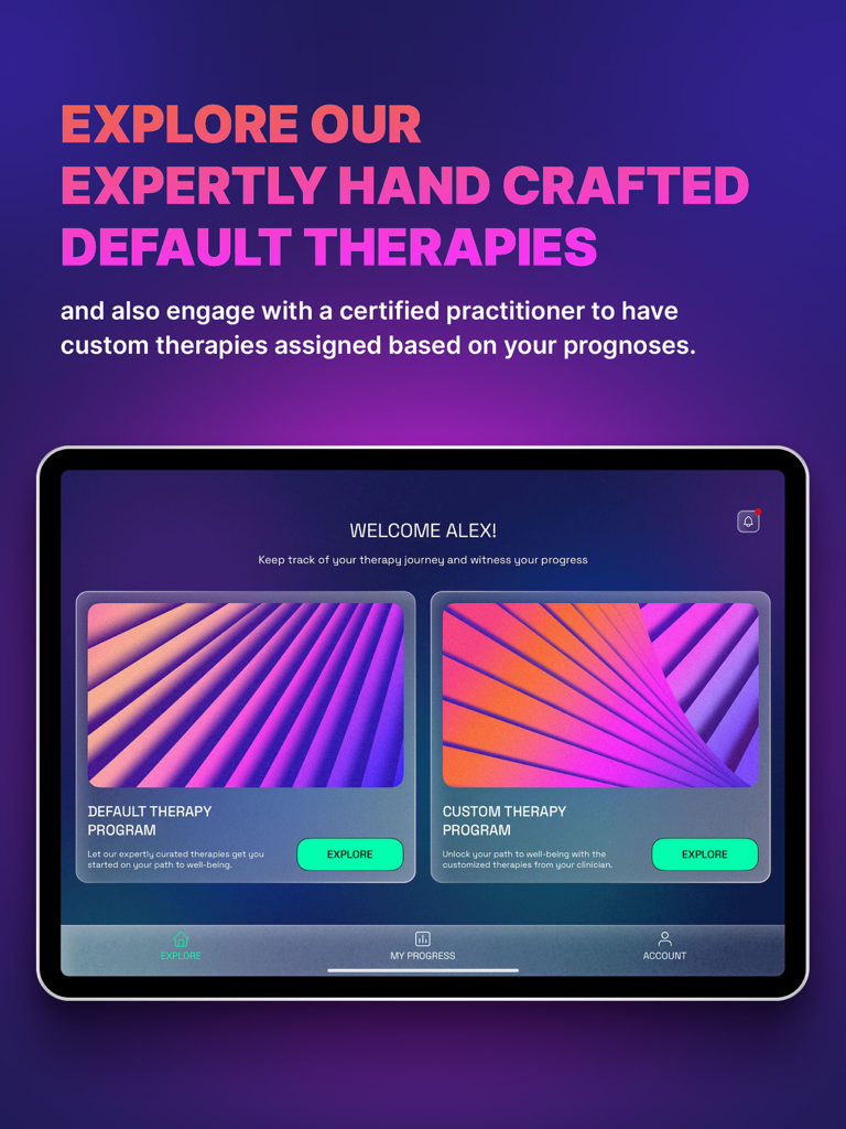 Neuromorfix - Neuromorfix app on iPad displaying default and custom eye therapy program options