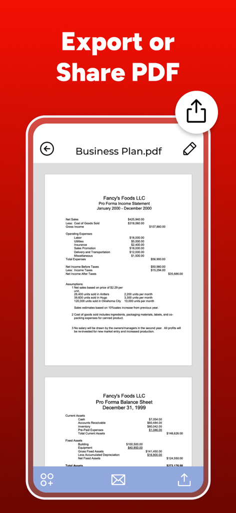 PDF Maker - Convert to PDF - PDF Maker app interface showing a business plan document with options to export and share