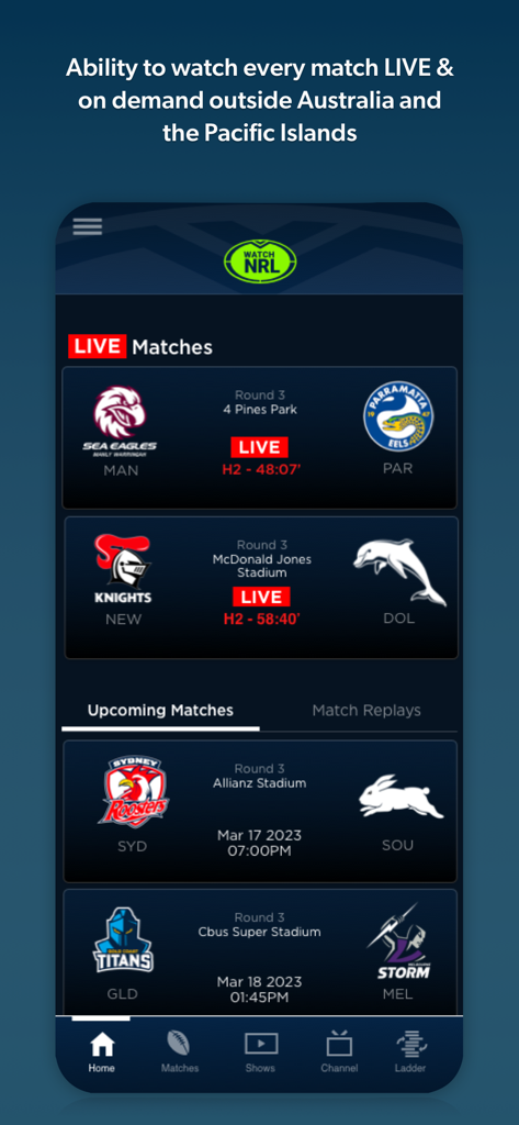 Watch NRL - Watch NRL mobile app home screen showing live and upcoming rugby league matches