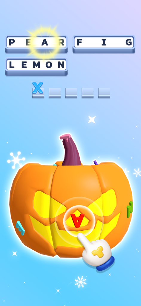 Word Screw - 3D Unscrew Bolts - Gameplay of Word Screw featuring a 3D pumpkin puzzle where a player selects letters to spell words.