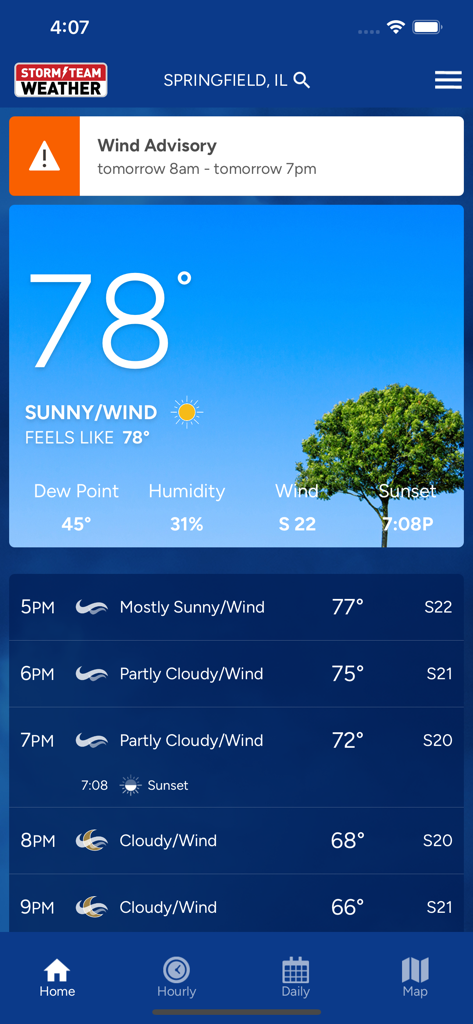 WICS Storm Team Weather - WICS Storm Team Weather app displaying current temperature and wind advisory for Springfield Illinois
