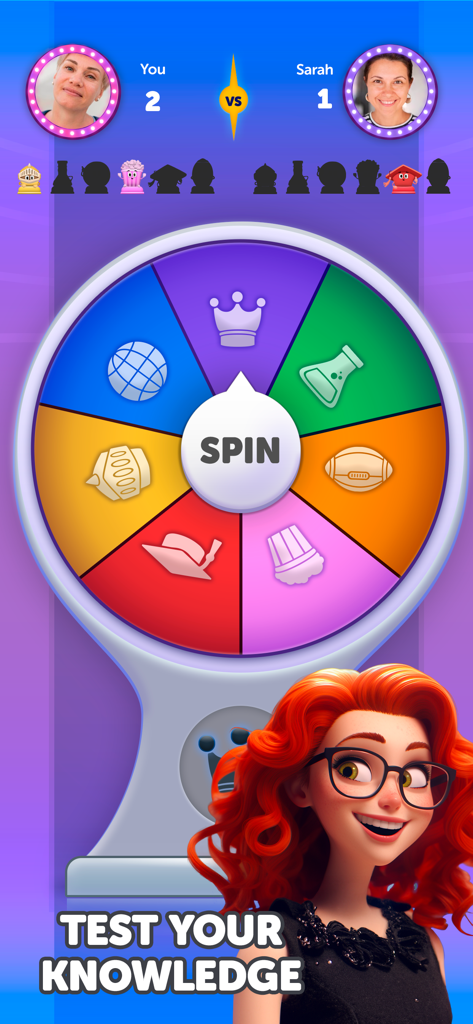 Gameplay screenshot of Trivia Show showing a multiplayer battle and a category spin wheel with the caption Test Your Knowledge.