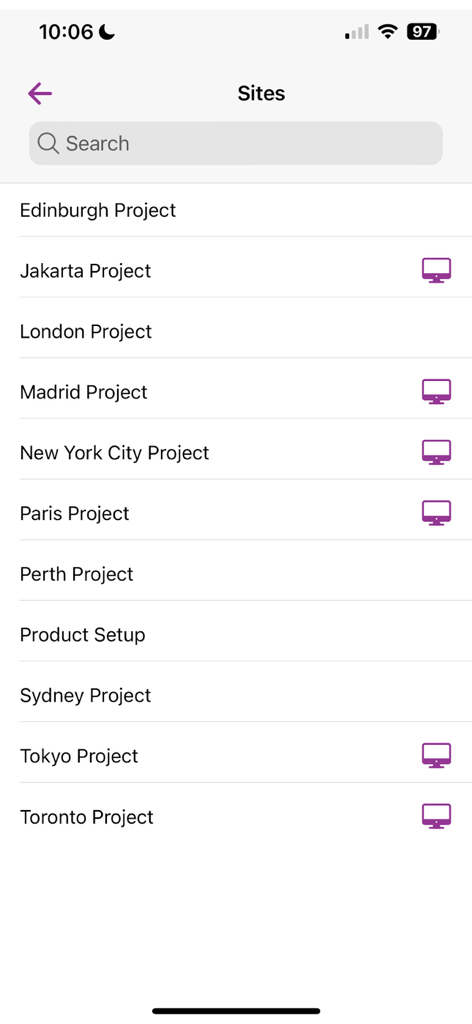 DataScope Site Documents App - A list of global project sites within the DataScope Site Documents App interface.