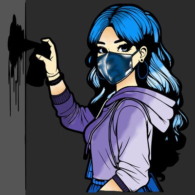 realistic girl with mask spray painting a wall