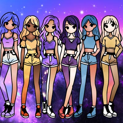 a group of girls wearing crop tops and shorts