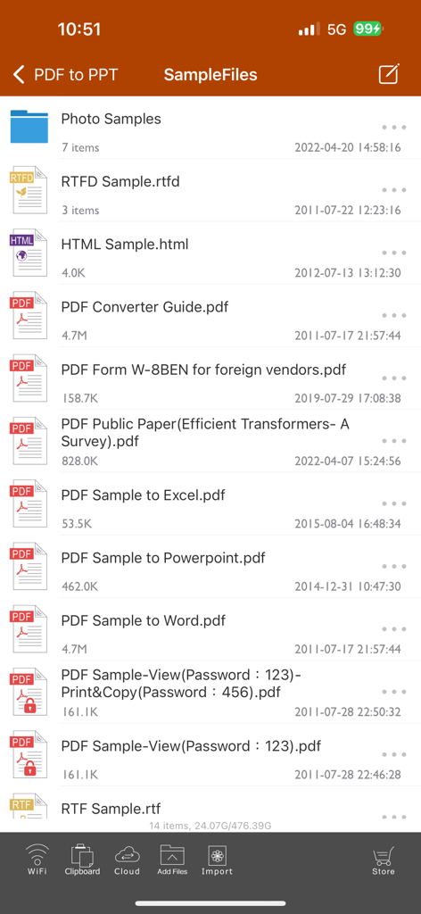 Sample files list in the PDF to PowerPoint converter app interface