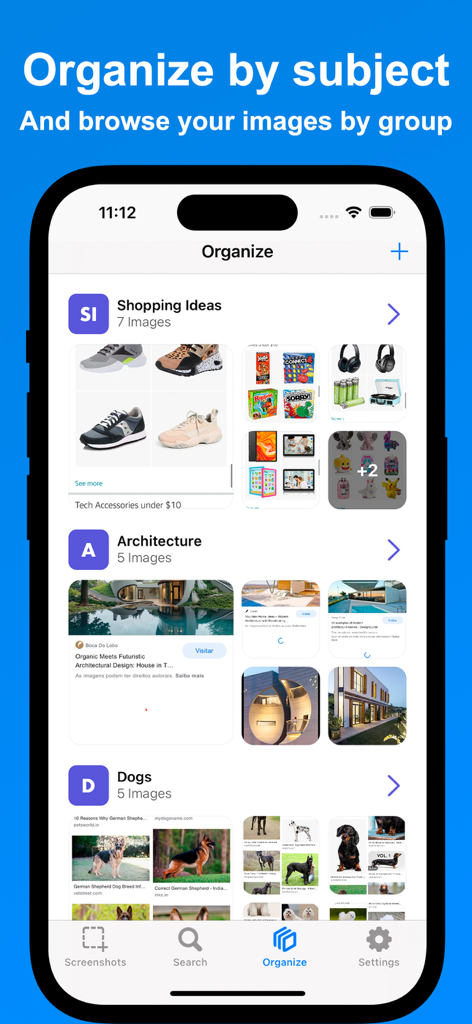 Screenshot Manager - Organizer - Interface of the Screenshot Manager app showing screenshots organized into galleries for shopping ideas architecture and dogs