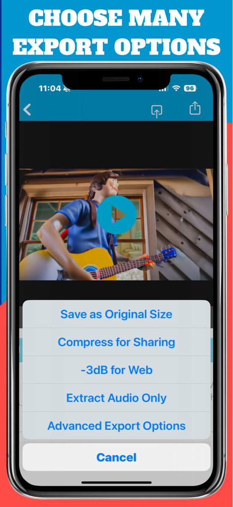 AudioFix: Video Volume Booster - A smartphone screen showing the export menu of the AudioFix app with options to save as original size, compress for sharing, and extract audio.