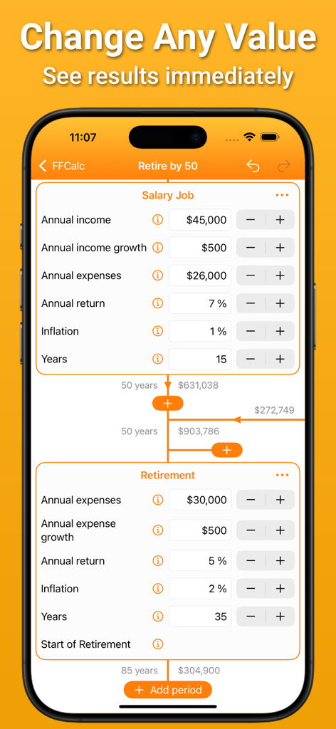 Mobile app screen showing input fields for salary and retirement planning in FFCalc
