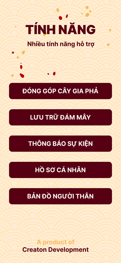 Kintree - Family Tree - A list of Kintree app features in Vietnamese including cloud storage, family tree mapping, and event notifications on a traditional patterned background.