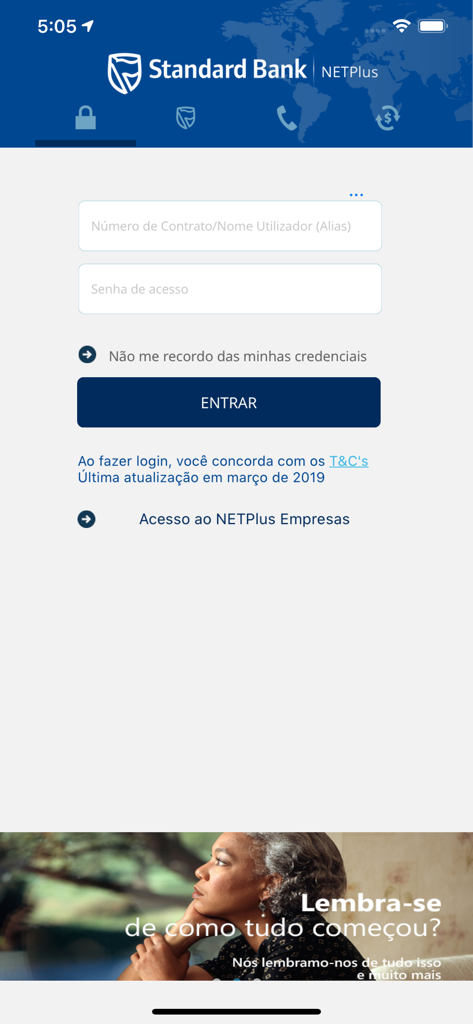 Pagina di accesso dell'app mobile Standard Bank MZ NETPlus con campi per nome utente e password