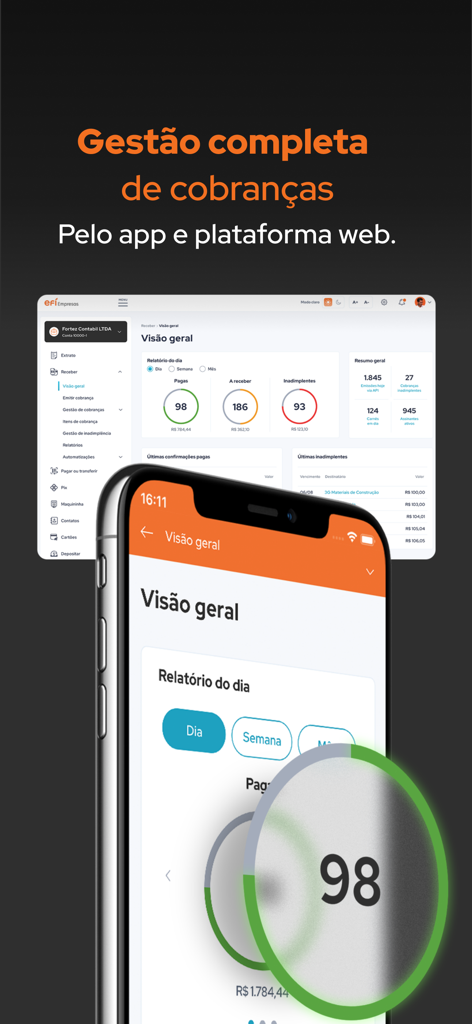 Painel de gerenciamento de faturamento do Efí Bank mostrando relatórios financeiros em interfaces móveis e web.