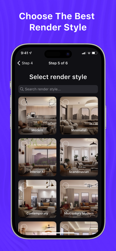 Schermata dello smartphone che mostra diversi stili di rendering di interior design AI come Moderno, Minimalista e Scandinavo