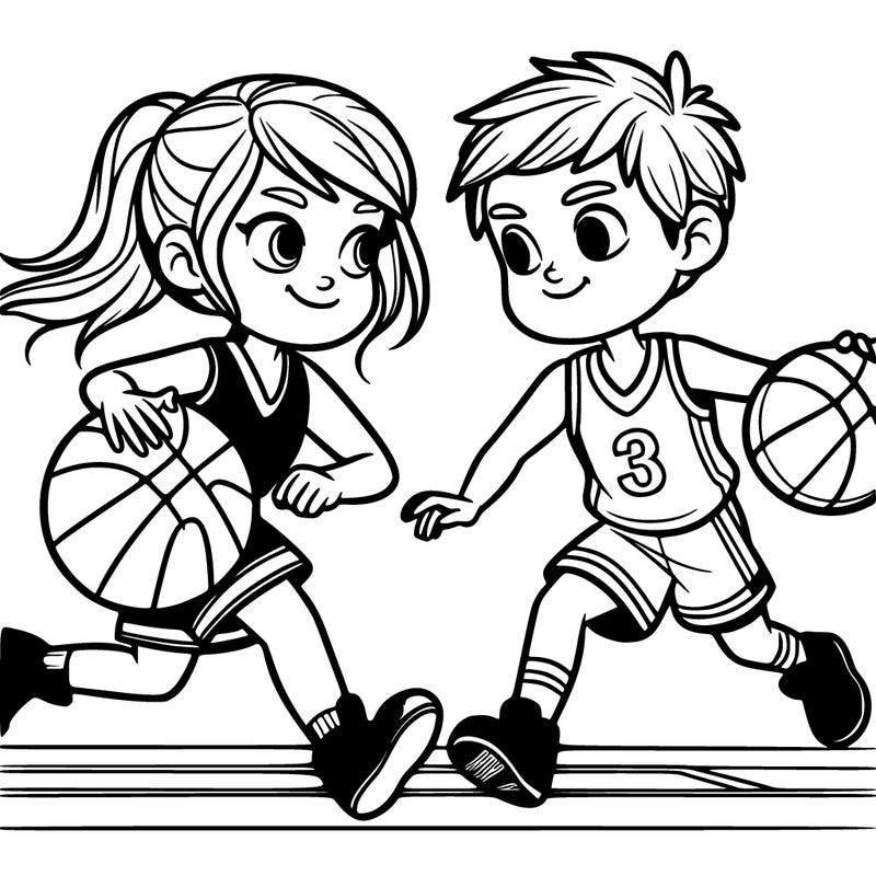 basketball players girl and boy playing