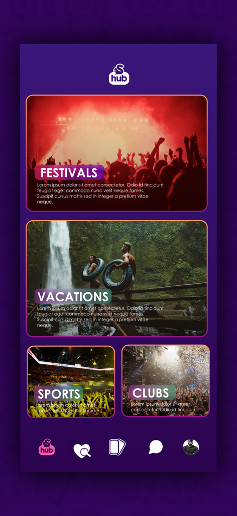 Sniffer dating app S Hub screen featuring interest based categories like festivals and vacations