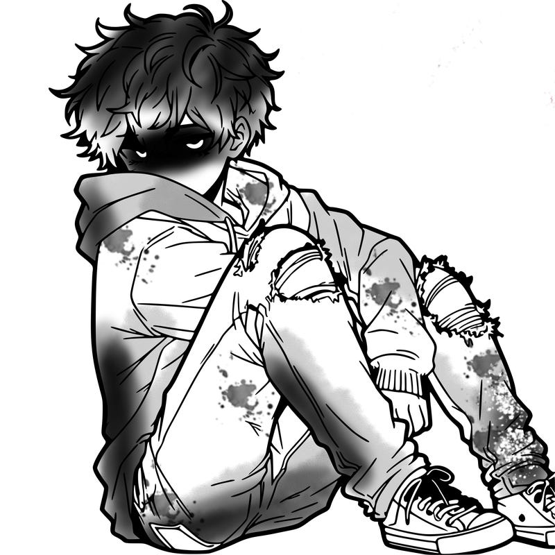 a male hoddie ripped jeans messy hair anime