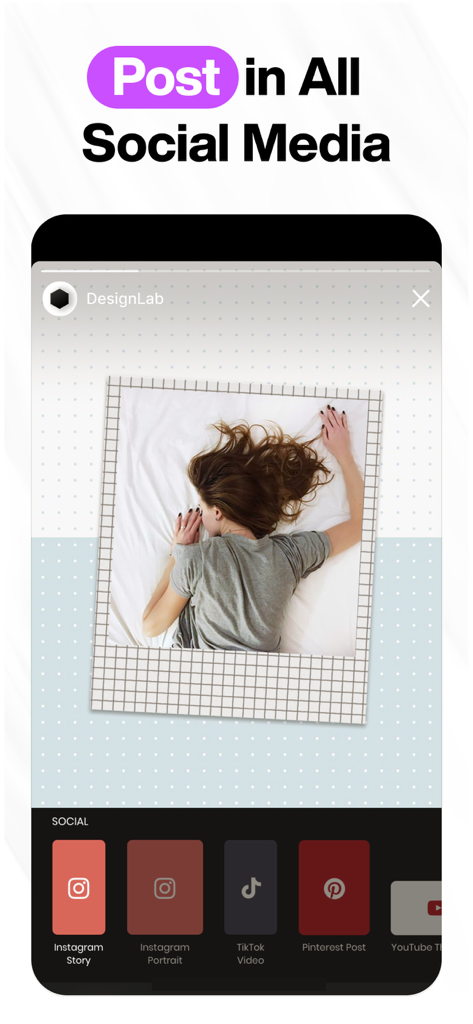 Interface of Design Lab app displaying various social media post size options for Instagram TikTok and Pinterest