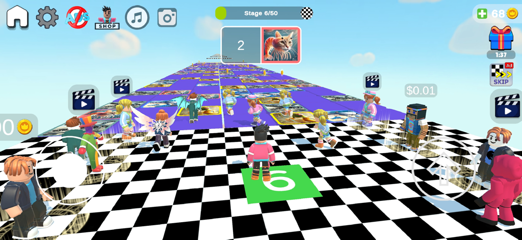 Obby Parkour Games Escape slap - Gameplay de Obby Parkour Escape mostrando personajes en un circuito de obstáculos de tablero de ajedrez