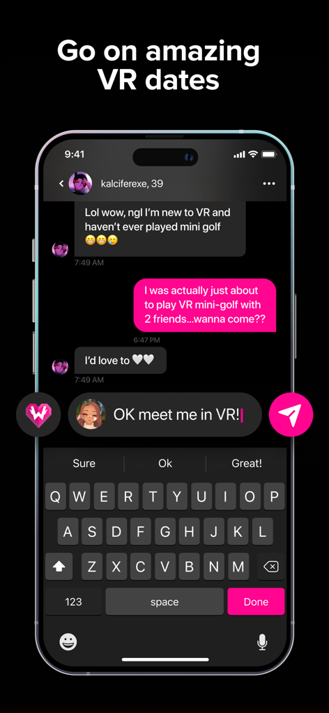 Interface de chat mobile dans l'application Nevermet où deux utilisateurs planifient un rendez-vous de mini-golf en réalité virtuelle.