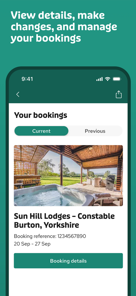 Hoseasons: Book UK Holidays - Pantalla de la aplicación móvil Hoseasons que muestra una reserva de vacaciones actual para una cabaña en Yorkshire con opciones de gestión.