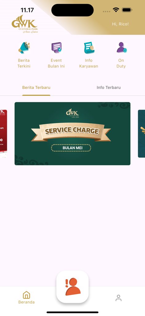 Home screen of the GWKu app showing operational features like news, events, employee info, and on-duty status for GWK Cultural Park.