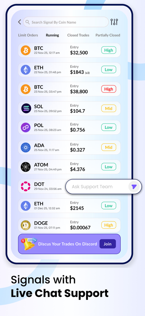 Cryptoverse Edge - Cryptoverse Edge mobile App-Oberfläche, die eine Liste laufender Krypto-Handelssignale mit Einstiegspreisen und Live-Chat-Support anzeigt.