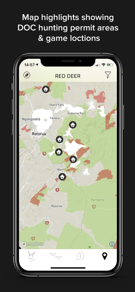 Game Calls NZ - Topographical map showing DOC hunting permit areas and game locations in the Game Calls NZ app
