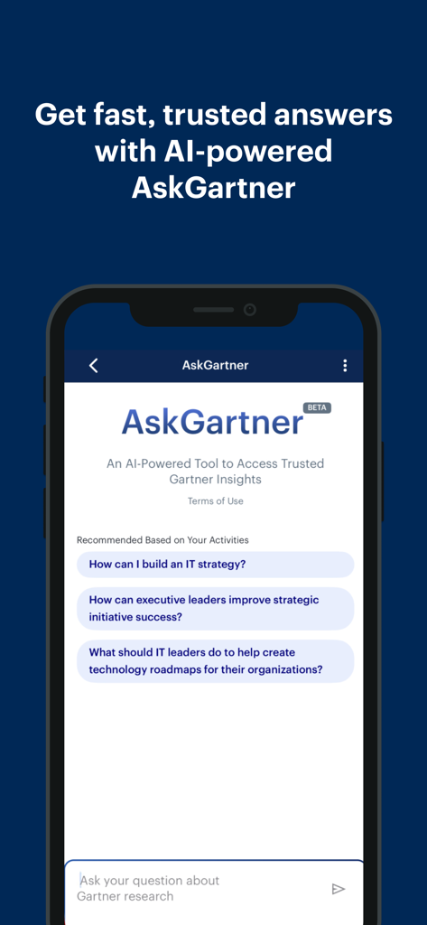 My Gartner Mobile - Interface alimentée par AskGartner AI pour des informations commerciales sur My Gartner Mobile