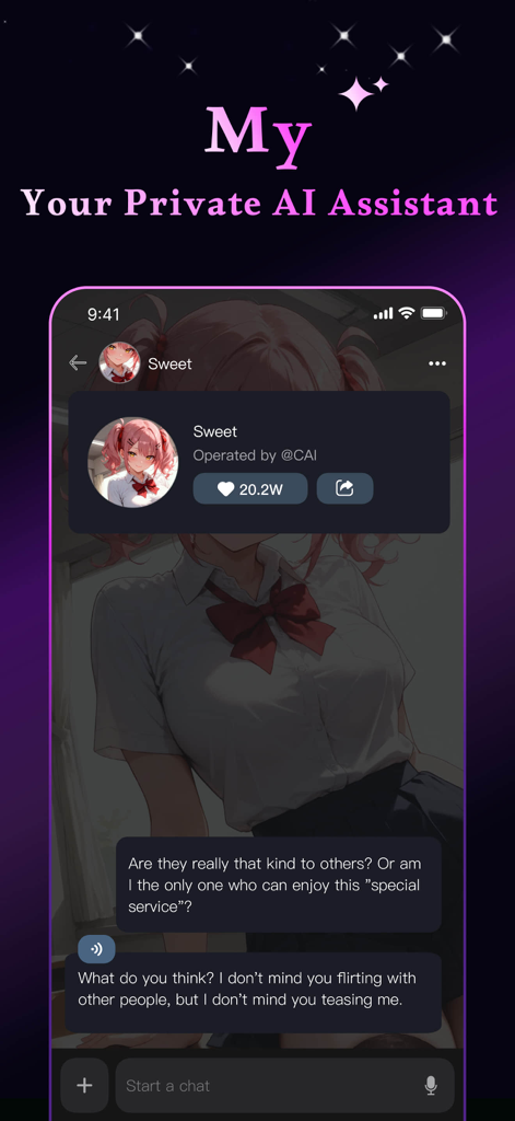 Una captura de pantalla de la aplicación J.AI que muestra un chat privado con un personaje de anime llamado Sweet