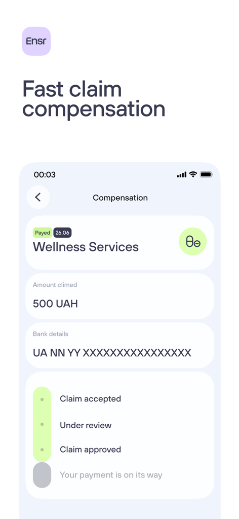 Interfaz de la app móvil de Ensuria mostrando detalles y progreso del seguimiento de la compensación de reclamaciones de seguro