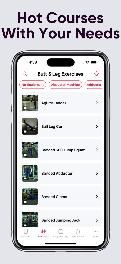 Big Butt & Leg Workout Planner - Pantalla de aplicación móvil que muestra una lista de ejercicios específicos para glúteos y piernas con miniaturas de video