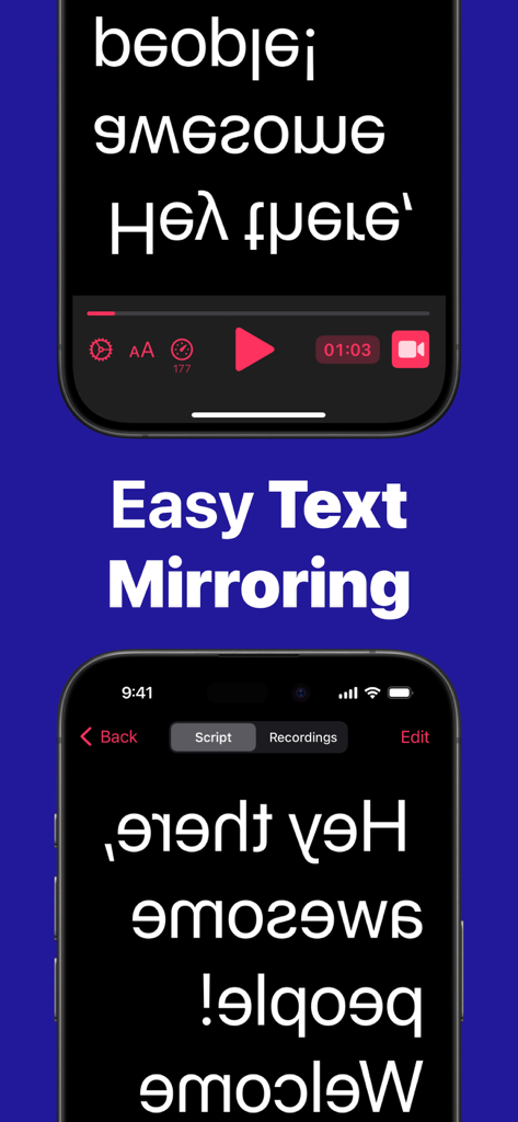 Aplicación de teleprompter demostrando la función de duplicación de texto fácil para guiones de video