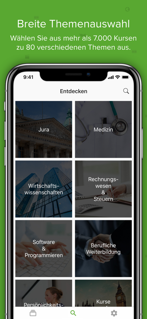Lecturio: Online Video Kurse - Lecturio mobile app interface showing a grid of professional course categories including Law, Medicine, and Software Programming