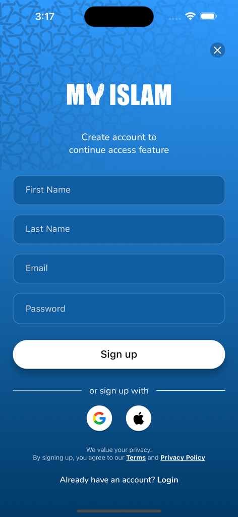My Islam: Qur'an Prayer Tasbih - Registration screen for the My Islam app featuring sign up fields and social login options on a blue background