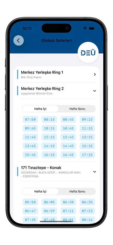 DEU Mobil - A screenshot of the DEU Mobil app displaying campus shuttle schedules and bus route timings for Dokuz Eylul University.