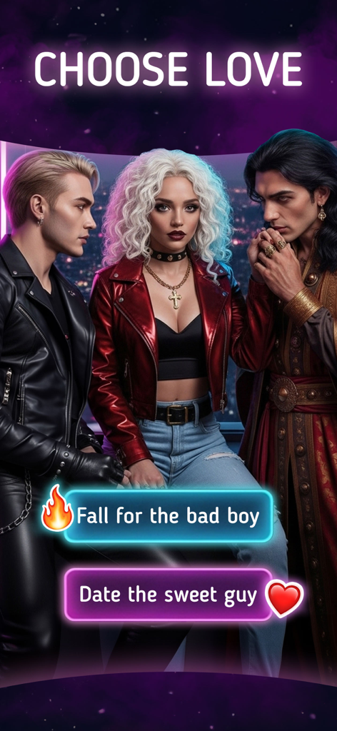 Midnight Stories: Choices Game - An interactive choice screen in the Midnight Stories game where a woman chooses between a bad boy in leather and a sweet guy in robes.