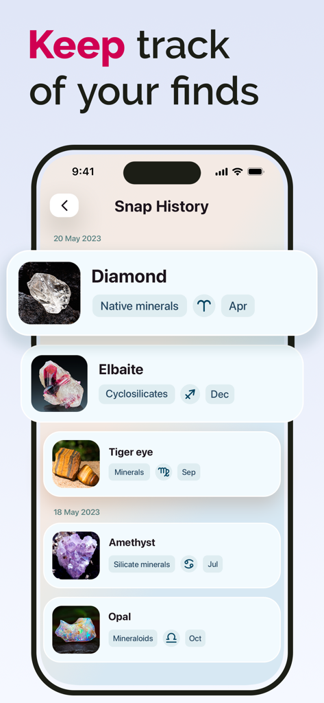 Rock ID app interface showing a snap history log of identified minerals including Diamond, Elbaite, and Tiger eye.