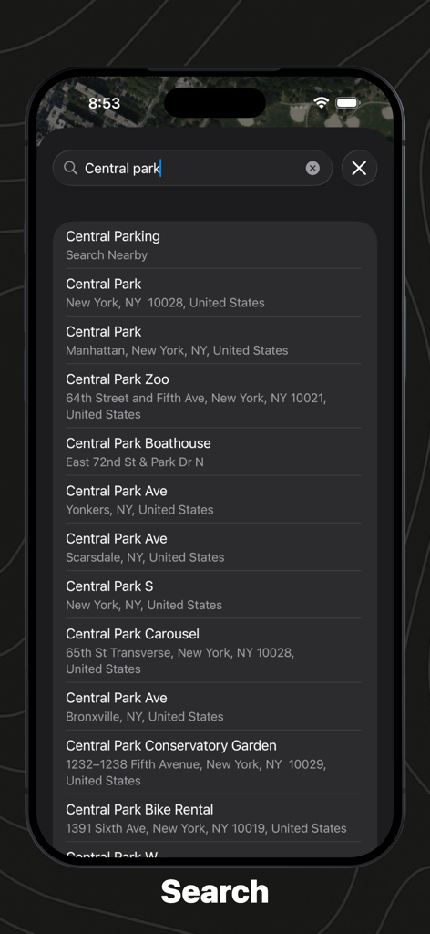 Geo Measure: Area & Distance - Interface de recherche de l'application Geo Measure montrant les résultats de localisation pour Central Park