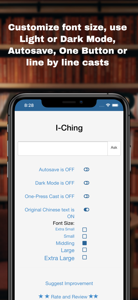 I-Ching App of Changes - Settings screen for the I-Ching App of Changes showing font size and display options