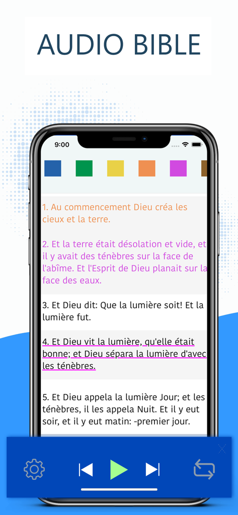 La Bible Palore Vivante - フランス語聖書アプリのオーディオ聖書機能のスクリーンショット。聖句テキストと再生コントロールが表示されています。
