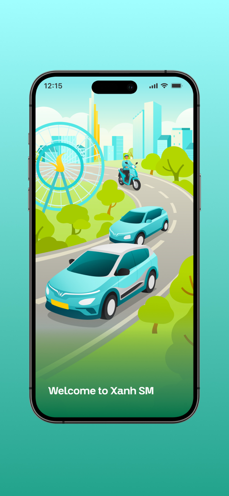 Pantalla de bienvenida de la app Xanh SM mostrando coches y motos eléctricas en un paisaje urbano ecológico