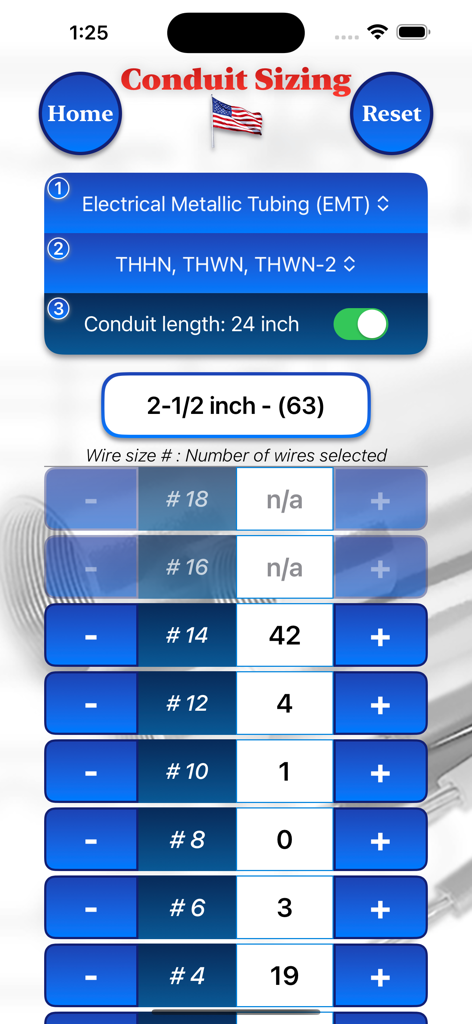 Conduit Filler - Interface of Conduit Filler app showing conduit sizing calculations for multiple wire gauges based on NEC standards