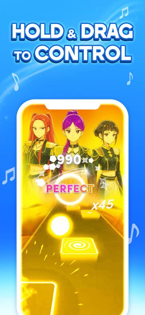 Demon Hop: Ball & Music Game - Demon Hop音楽ゲームのゲームプレイ画面。光るタイル上でボールを操作する方法が表示されています。