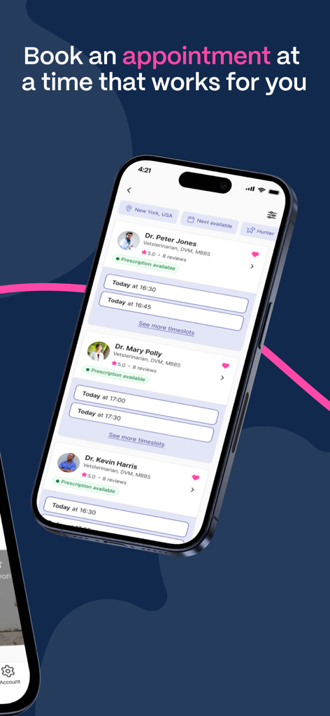 Interfaz de la aplicación móvil Vetster que muestra una lista de veterinarios y franjas horarias disponibles para reservar una cita virtual.