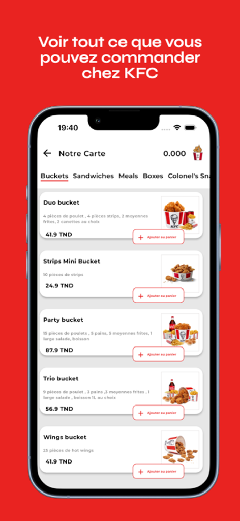 KFC Tunisie - Interfaz de la aplicación móvil KFC Túnez mostrando una lista de cubos de pollo frito en el menú