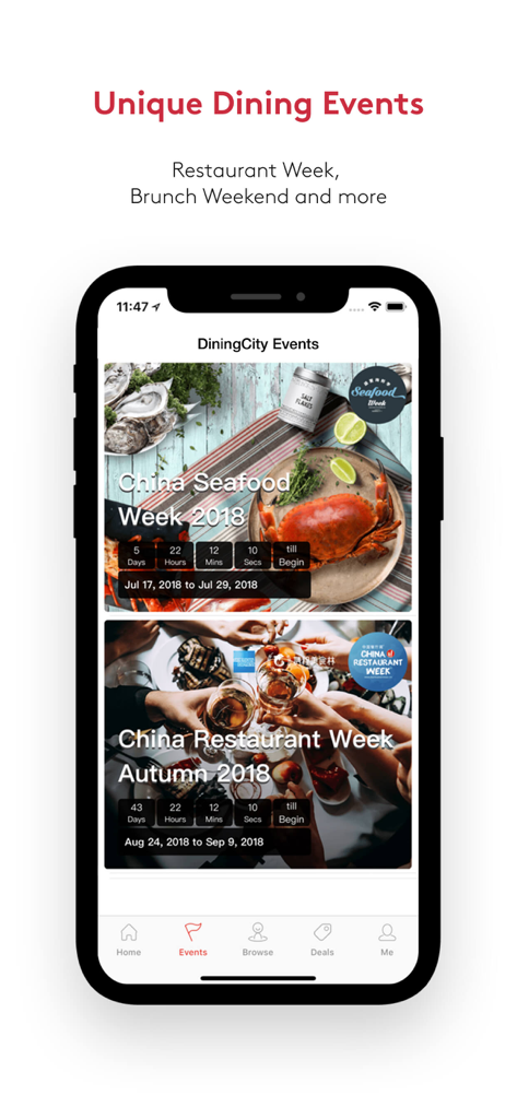 DiningCity - Restaurant guide - DiningCity mobile app screen displaying unique dining events like China Restaurant Week and Seafood Week with countdown timers