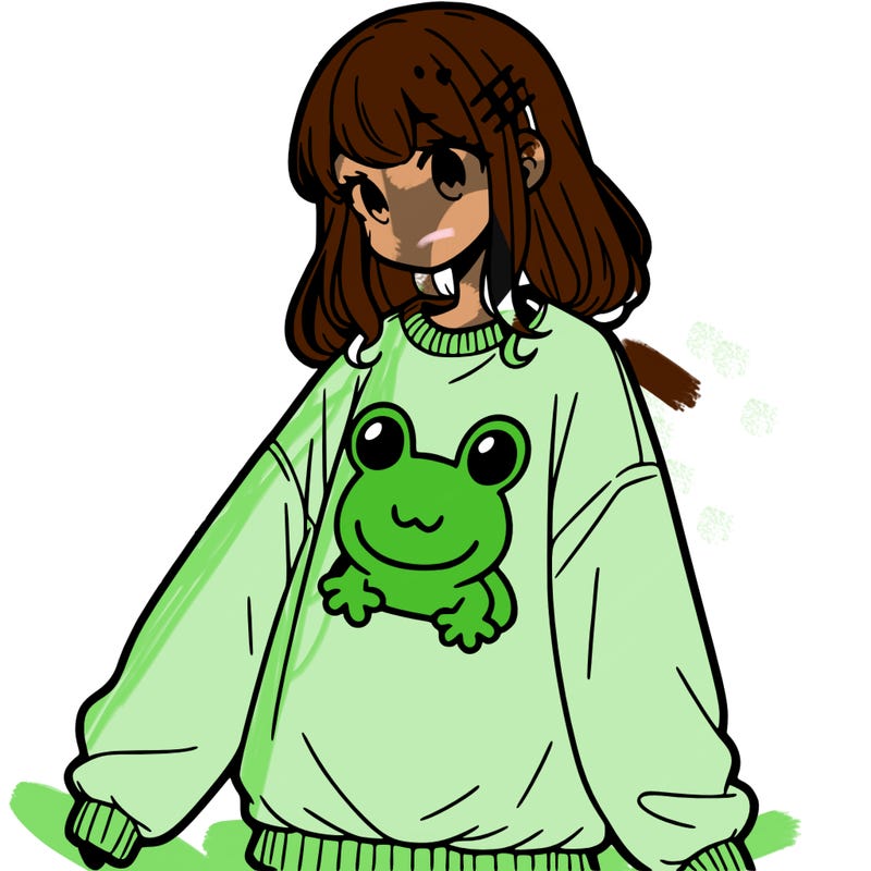 girl wearing frogging sweatshirt