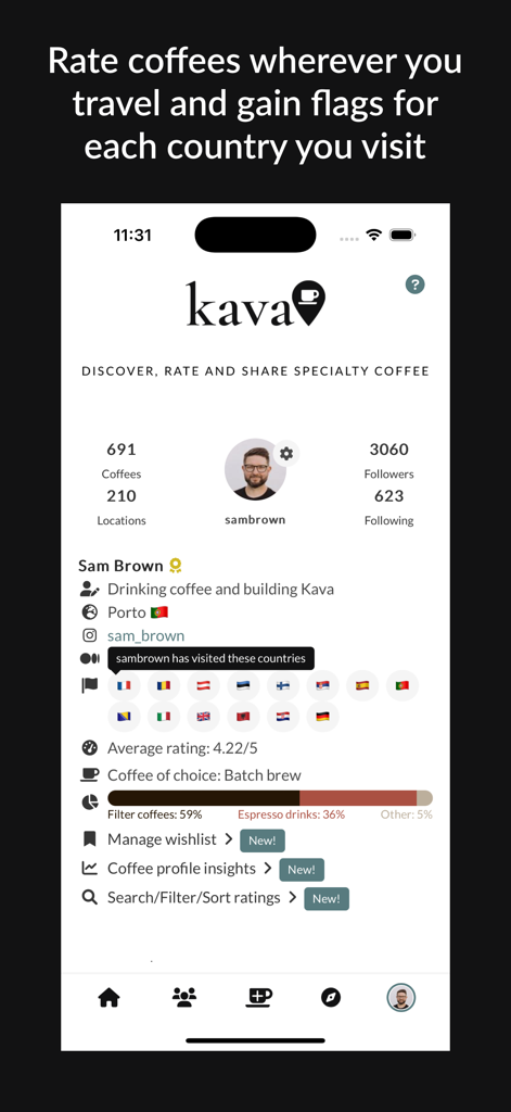 User profile in the Kava app showing coffee consumption statistics and flags of visited countries.