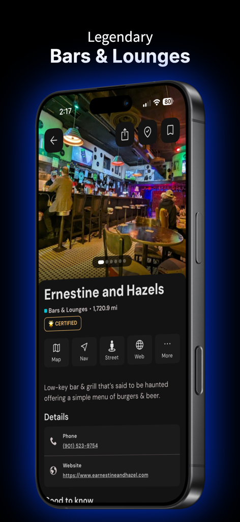 Smartphone screen displaying information for a legendary bar in the Music Roadtrip app