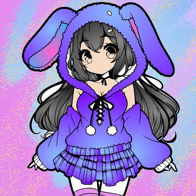 pretty anime girl wearing a fluffy hoodie with bunny ears on the hood and a skirt
